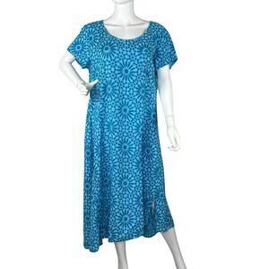 Flax Midi Shift Dress 100% Linen Stretched Top Asymmetrical Floral Blue Size M